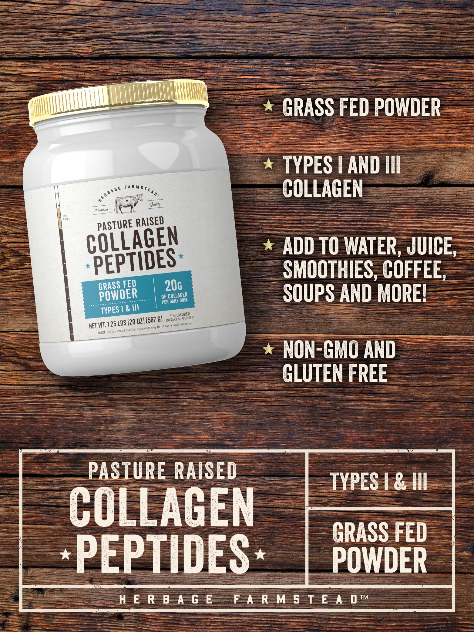 Carlyle Grass Fed Collagen Peptides Powder 20oz | Unflavored | Pasture Raised | Types I & III | 20g of Collagen Per Daily Dose | Non-GMO, Gluten Free | by Herbage Farmstead